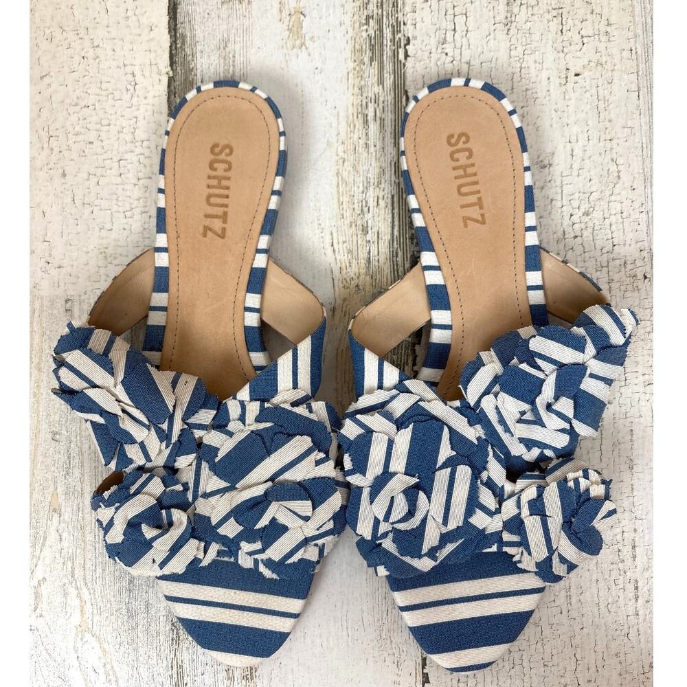 Schutz Ilaria Blue Denim Patch Floral Slide Sandals Womens 6.5 Chic